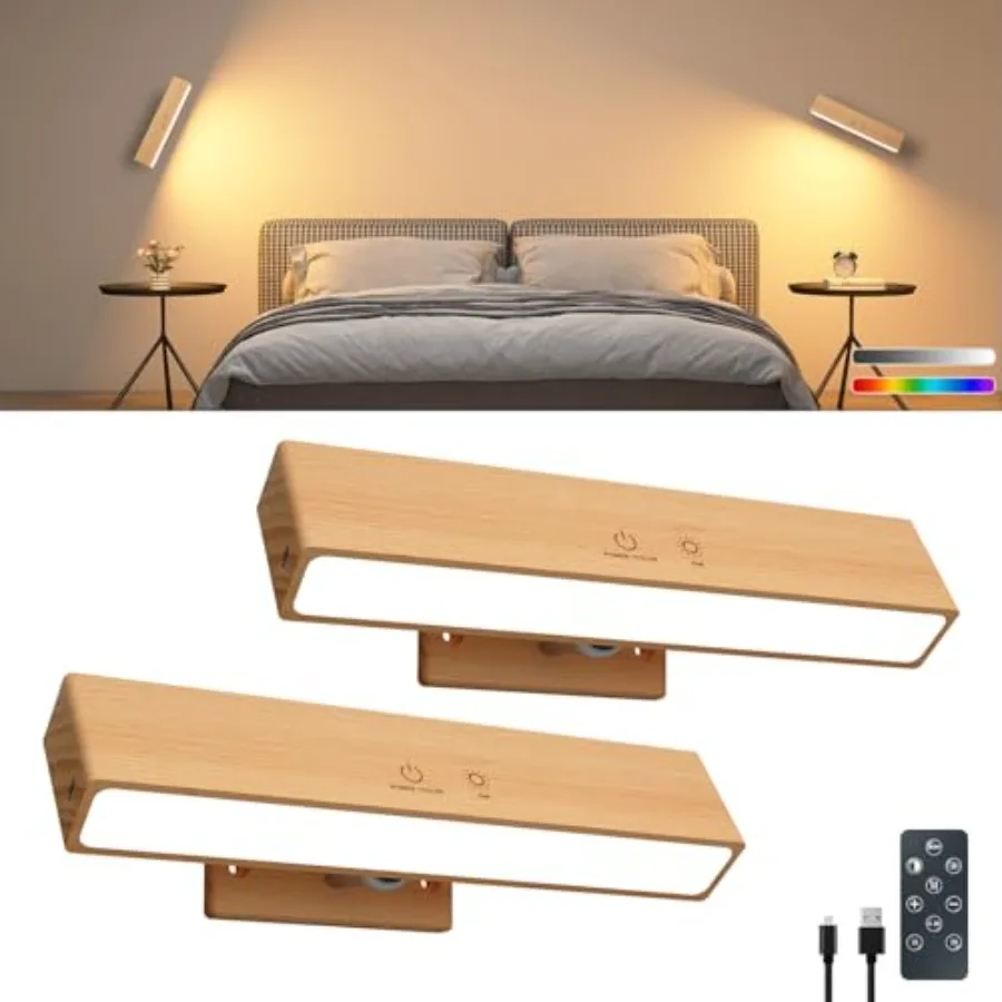 Rechargeable Wood Wall Lights with Remote and Touch 500mAh Battery Operated Wall Sconce with 3 Color Temperatures and RGB. Magn