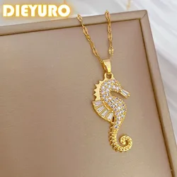 DIEYURO 316L Stainless Steel Fashion Rheinstone Animal Seahorse Pendant Necklace For Girl New Trend Clavicle Chain Jewelry Gift