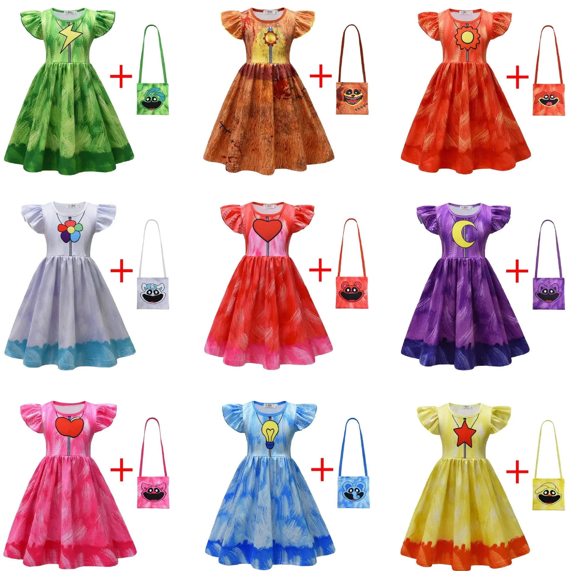 Kids Girls Game Cartoon Catnap Horrible Cat Print Princess Dress Bag Set Outfit Christmas Role Play Halloween Cosplay Costume