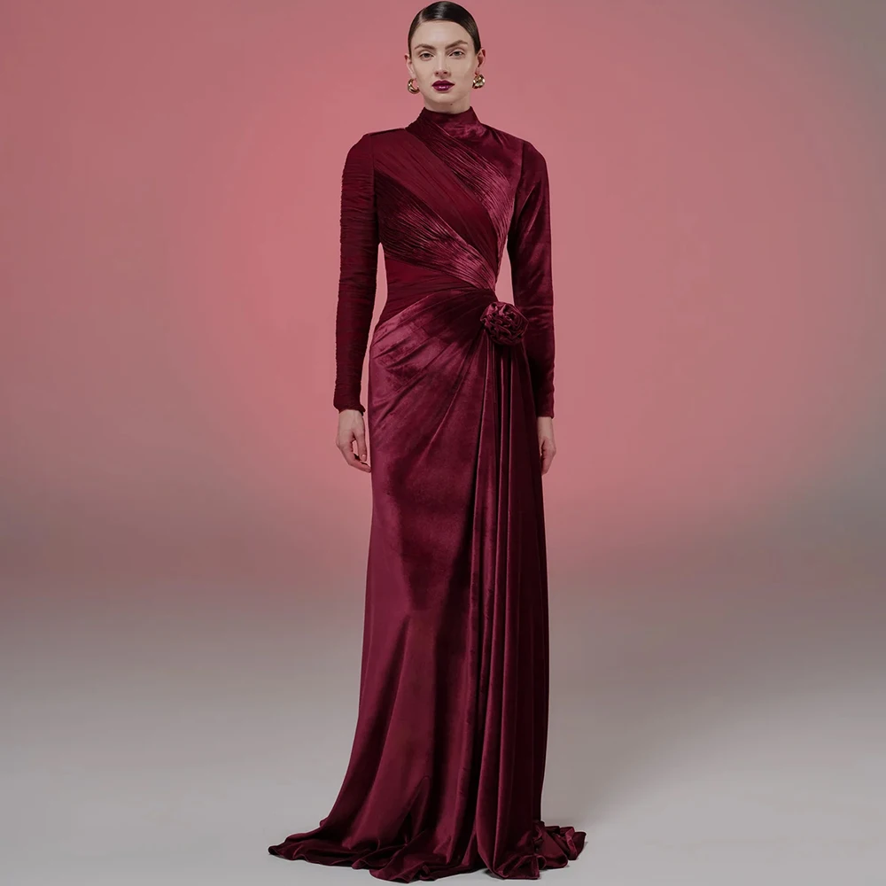 Luxury Velour Evening Dress Long Sleeves Customized Prom Dresses Burgundy Handmade Flowers Sweep Train Vestido De Festa