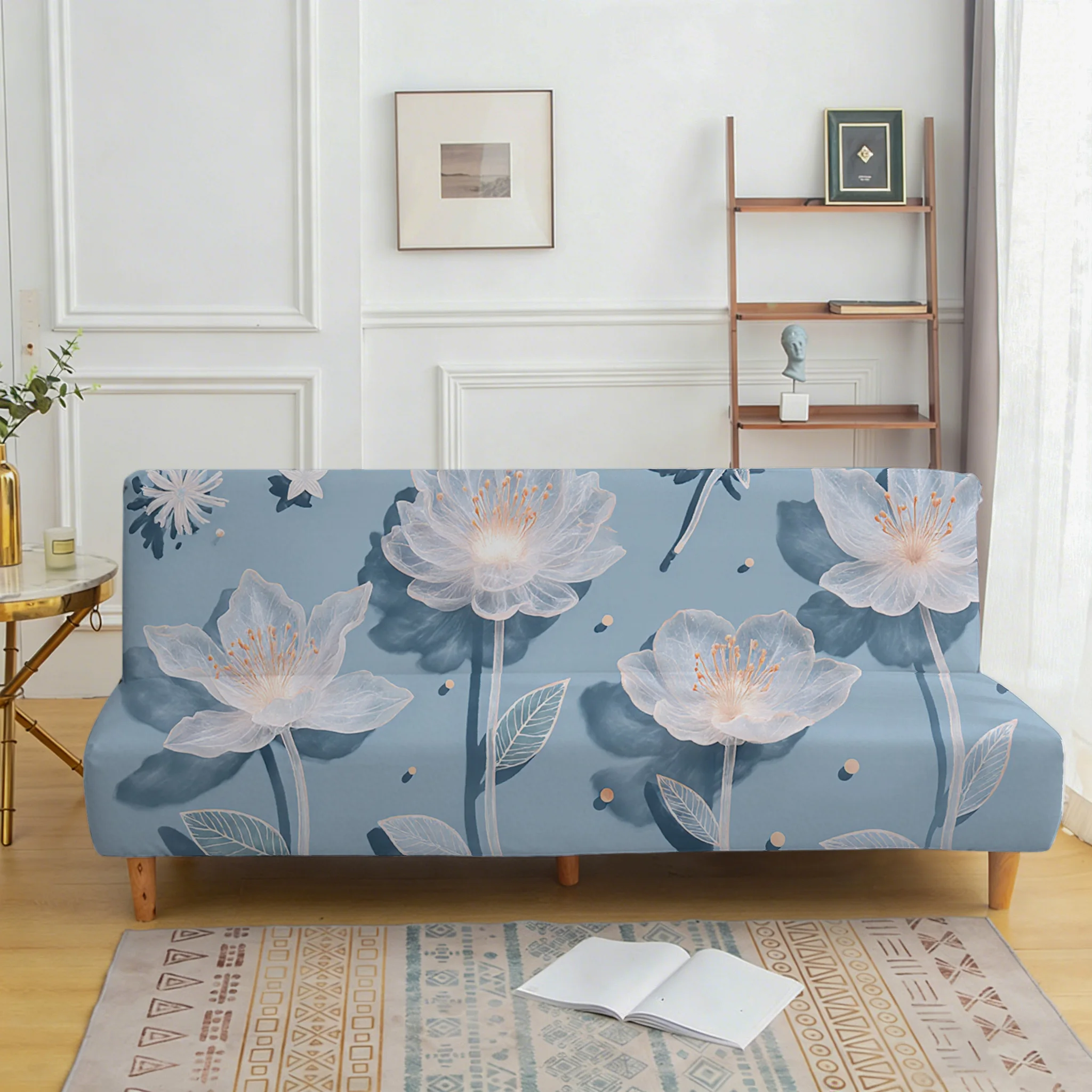 Light blue yarn flower sofa bedspread, elastic sleeveless sofa cover, dustproof and non-slip furniture protective cover