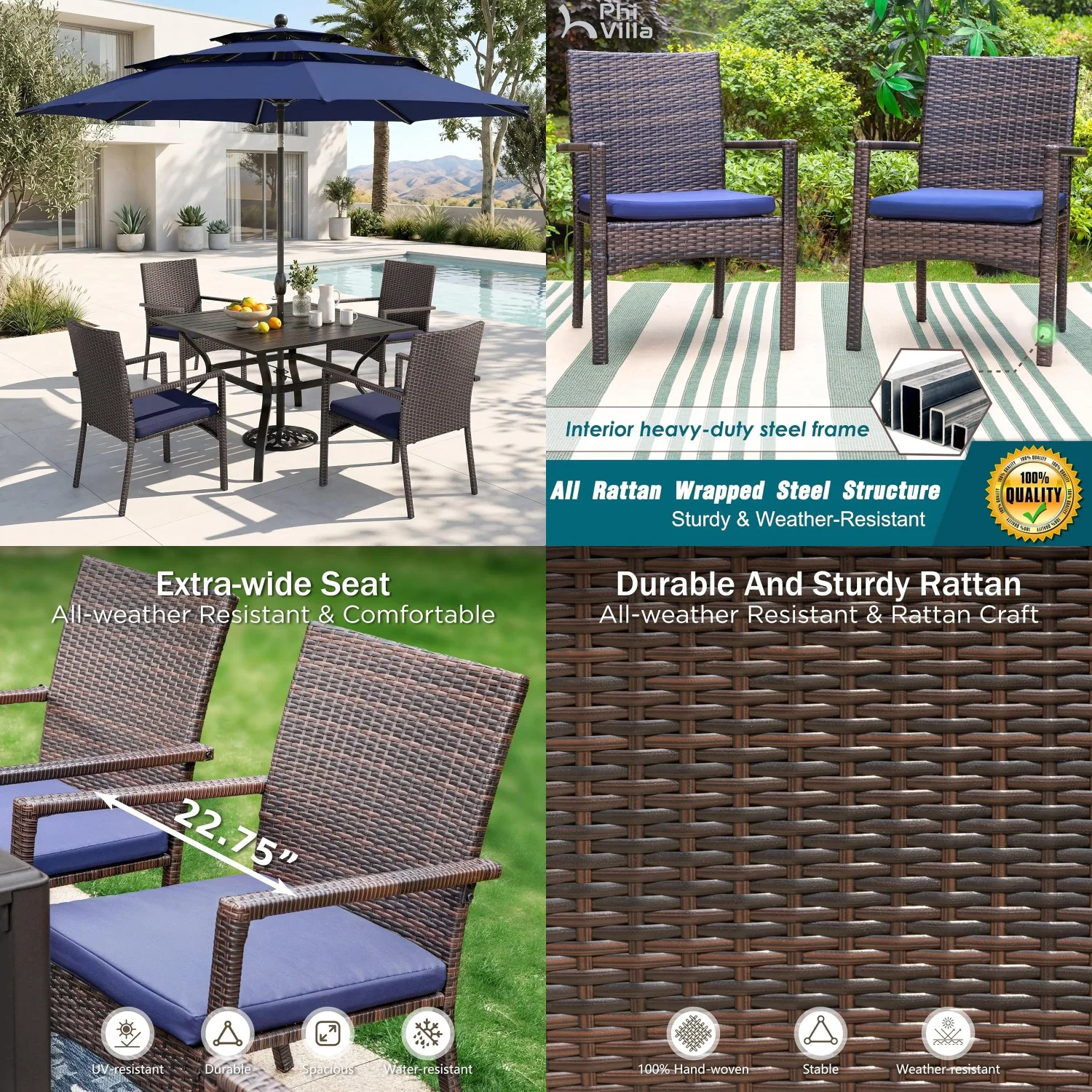 

5pc Metal Patio Dining Set w/ Square Table Cushioned Rattan Chairs 10ft Umbrella Outdoor Garden Yard Customized