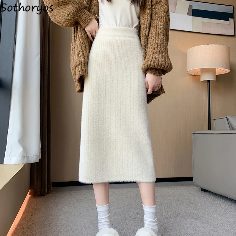 

Knitted Skirts Women Back-slit Casual High Waist Gentle Autumn Winter All-match Soft Office Lady Tender A-line Faldas Aesthetic