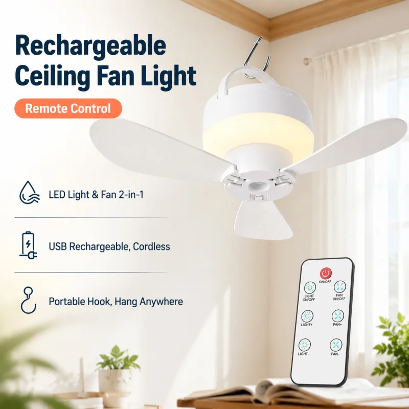 USB Rechargeable Hanging Fan Light 5 Wind Speed Remote Control Portable Ceiling Fan for Dorm Camping Air Circulation Cooling Fan