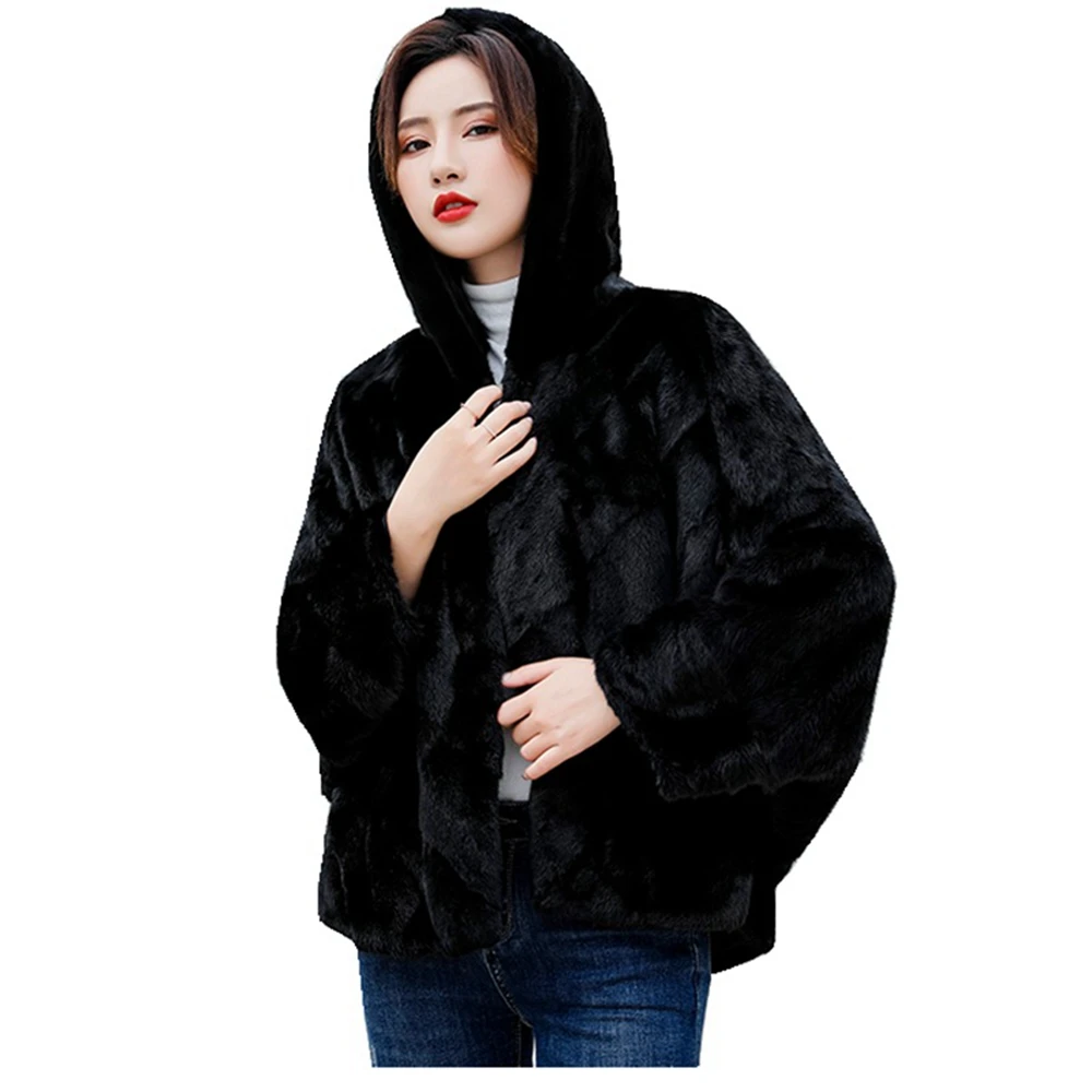 

Luxury Mink Fur Hoody Coat Autumn Winter Women Warm Jacket Stole Outerwear Overcoat LF2324JY