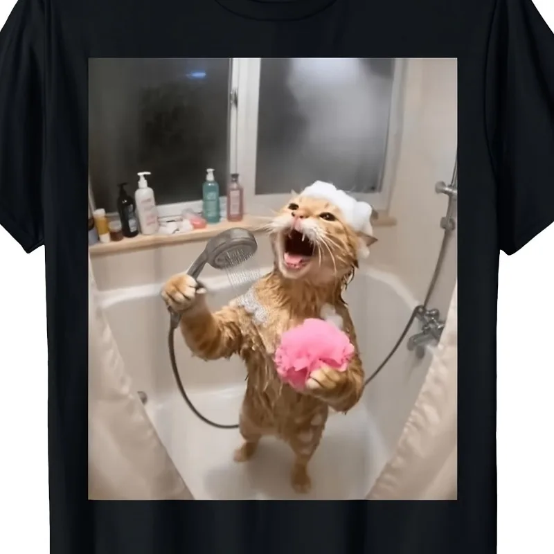 Fun Shower Singing Cat Emoji T-shirt Men's T-shirt Summer New Style Unisex Street Clothing