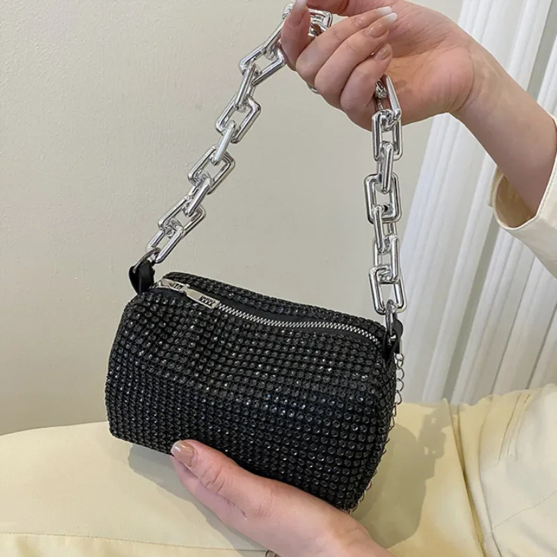 Allover Rhinestone Bucket Bag, brokatowa torebka na studniówkę z łańcuszkiem, damska mini torba na ramię