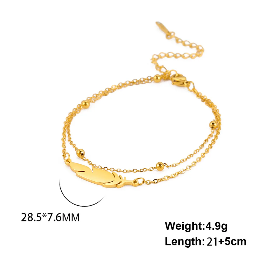 Simple Feather Stainless Steel Double Layer Bead Chain Ankle Anklets For Women Men Gold Silver Metal Anklet Daily Jewelry