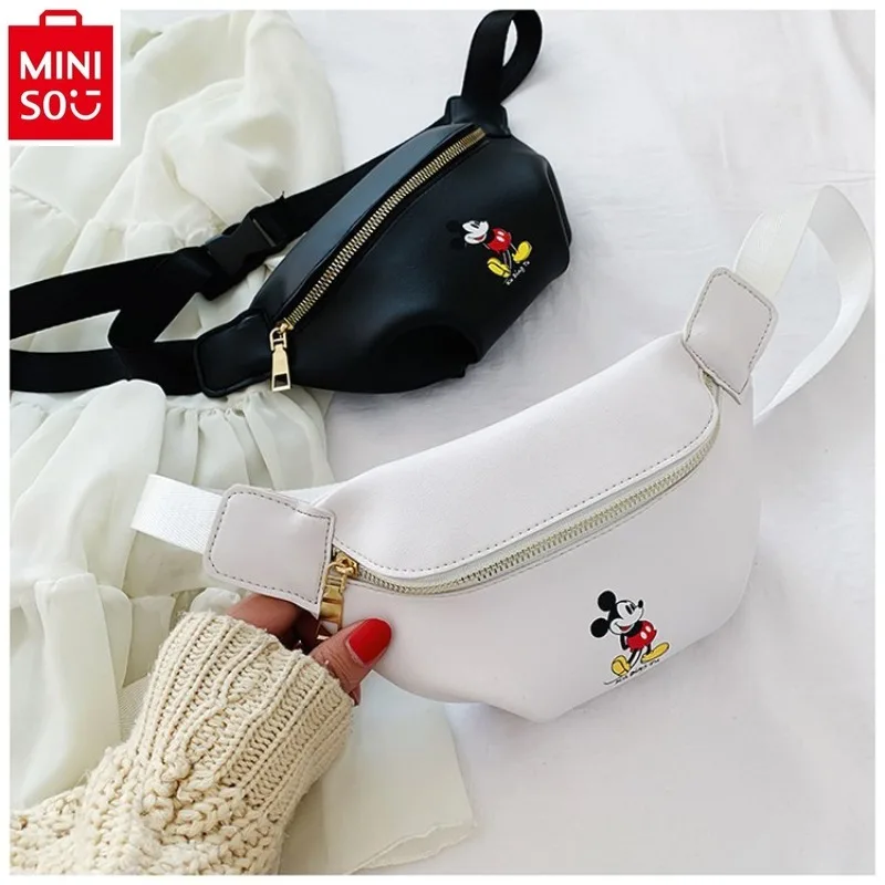 MINISO   Disney Cartoon Mickey Fashion Chest Bag for Students, High Quality PU Adorable Multi functional Storage Waist Bag