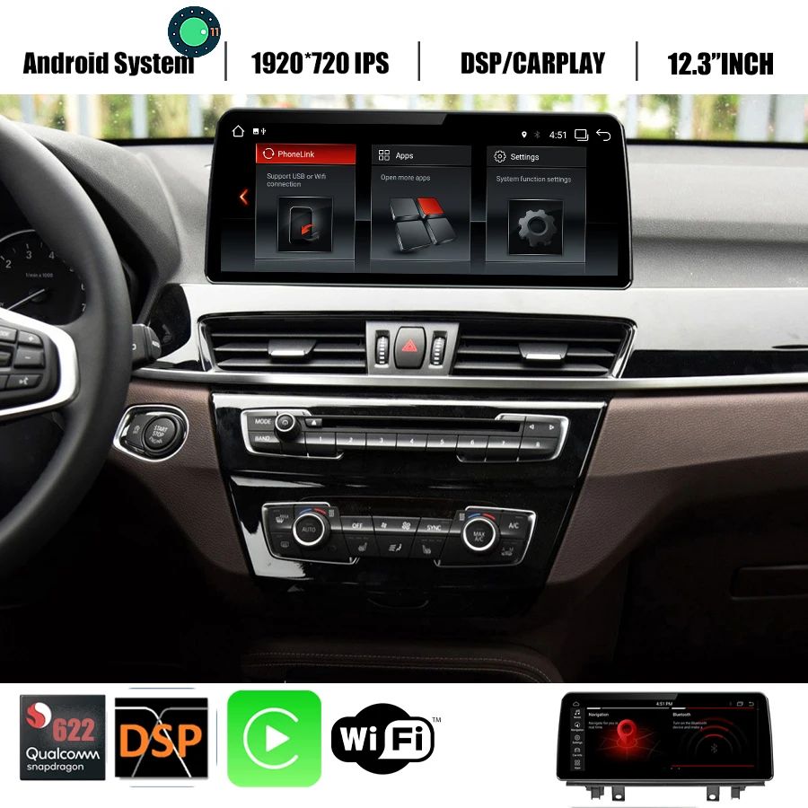 

12.3''Android 13 Car GPS Navigation Stereo For BMW X1 F48 Auto Radio Multimedia Qualcomm Snapdragon662 NBT EVO 8+256G Carplay BT