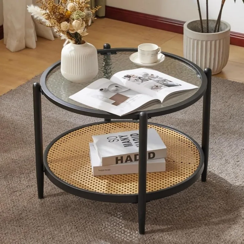 25.6" Black Rattan Coffee Table, Round Water-Wave Glass Metal Center Table, Modern Coffee Table with 2-Tier Storage, Farmhouse