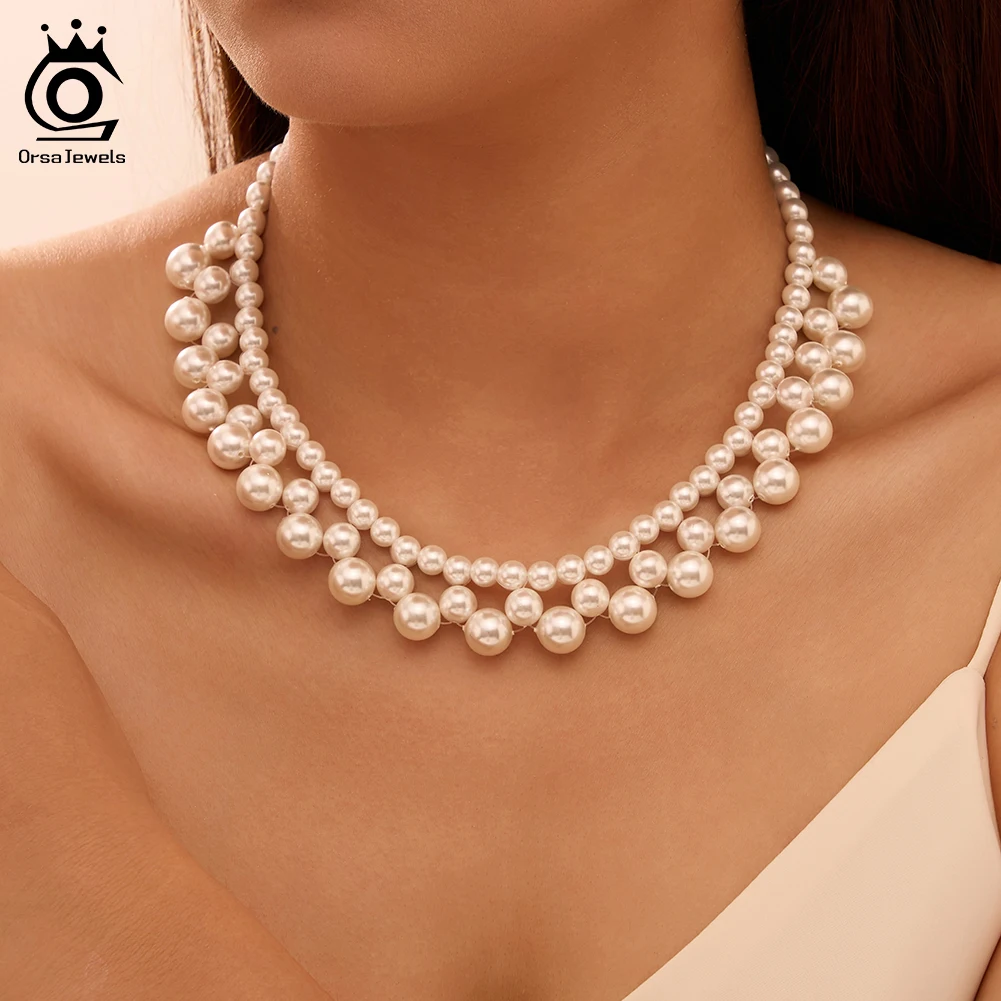 

ORSA JEWELS Exaggerate Shell Pearls Chain Necklace 925 Sterling Silver for Women Beads Shell Choker Chain Party Jewelry PSN13