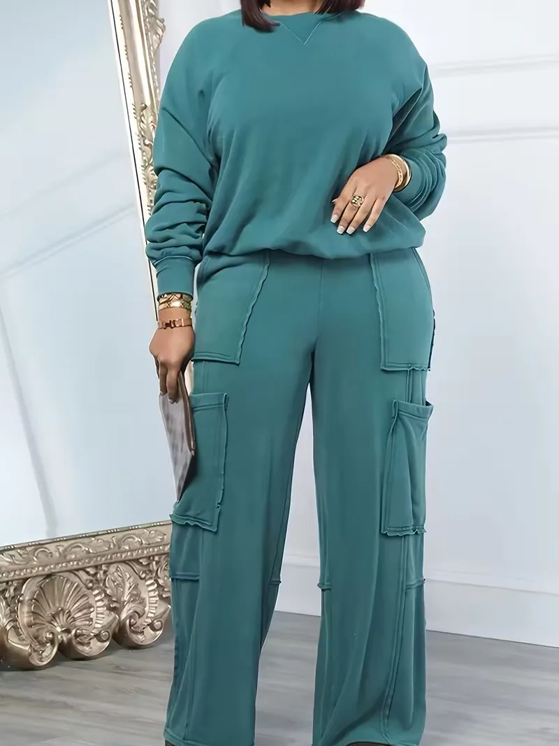 Women'S Casual Two-Piece Sports Suit - Long Sleeve Crew Neck Top & Pocket Trousers, Solid Color, Regular Fit, All-Season Comfort