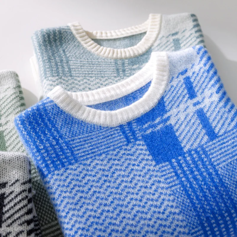 Autumn Winter 100% Merino Wool Fashion O-Neck Color-Block Striped Sweater Pullover Cashmere Long Sleeves Casual Clothing Top