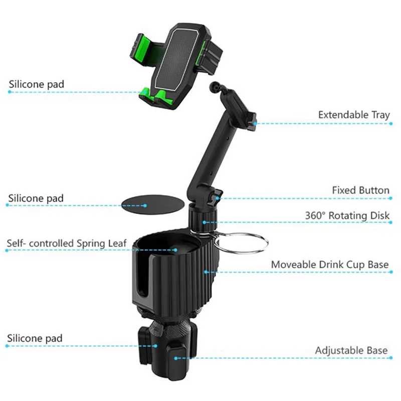 AS96-1 шт. Автомобильный держатель для чашки и телефона — Автомобильный держатель для чашки и телефона 3-в-1 Черно-зеленый пластиковый многофункциональный автомобильный держатель для чашки и телефона