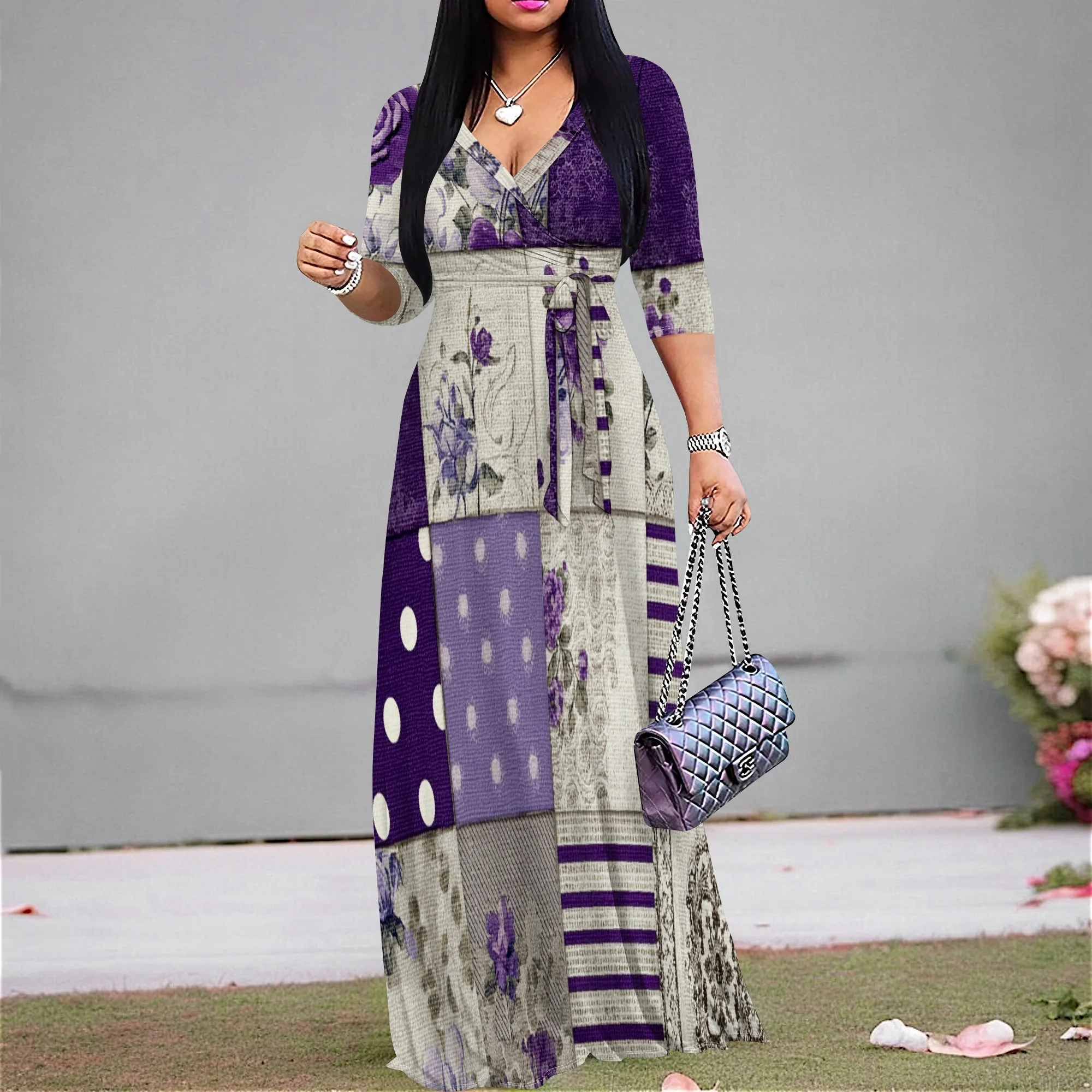 

Women's Patchwork Maxi Dress Plus Size Lavender Floral Print V-Neck Waist Tie Long Sleeve Soft Vintage Style 2025 S-3XL