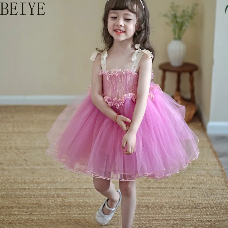 

Summer Suspender Children's Princess Dress Sweet Pink Tulle Tutu Dress with Bow Girls' Korean Style Birthday Party Dress