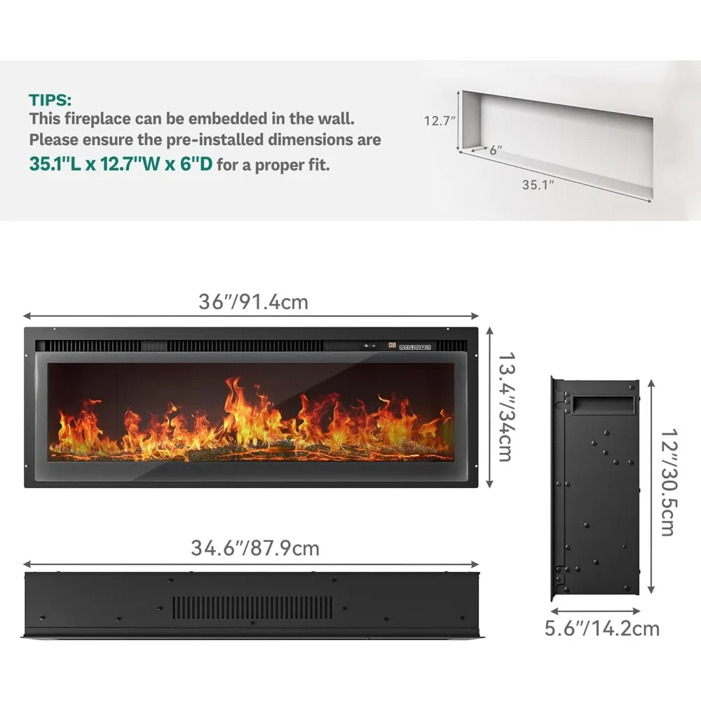 YITAHOME 36 Electric Fireplace Inserts, Fireplace Heaters for Indoor Use, Recessed or Wall Mounted, Remote Control with Timer, A