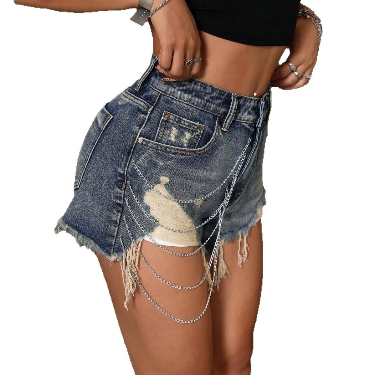 Hmsevenjz Pantaloncini di jeans a vita alta per donna Estate stile americano Spicy Girl Pantaloncini con catena in metallo spazzolato Abiti femminili