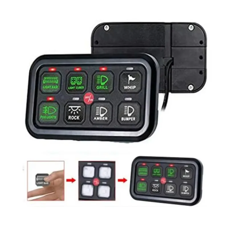 12V 24V 8-Group Switch Control Panel Universal Model Touch Control Panel Box with Labels, Stickers, and Wiring Harness