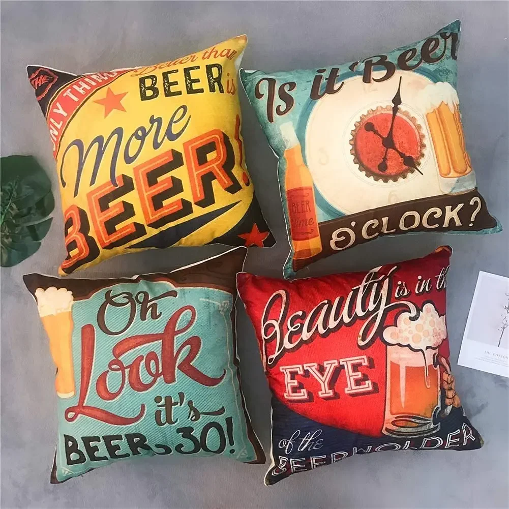 Vintage Beer Linen Cushion Cover Upholstery, Pillowcase Home Decor, For Sofa, Car, Bedroom 40x40 45x45 50x50 60x60