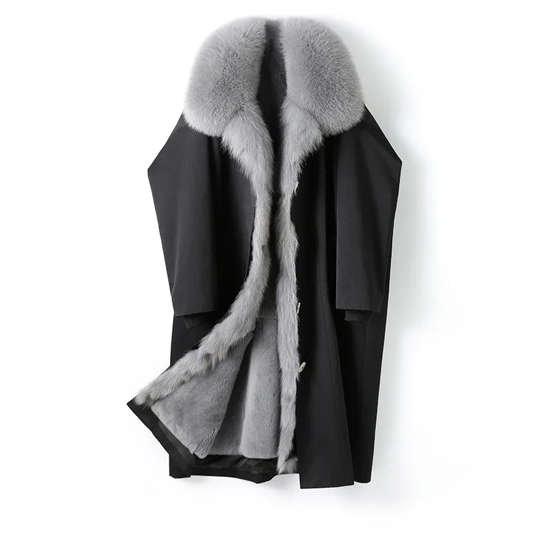 Winter Neue frauen Pelzmantel Kaninchen Fell Gefüttert Abnehmbare Fuchs Pelz Kragen Lange Casual Stil Leder Spleißen Mode Heißer verkauf...