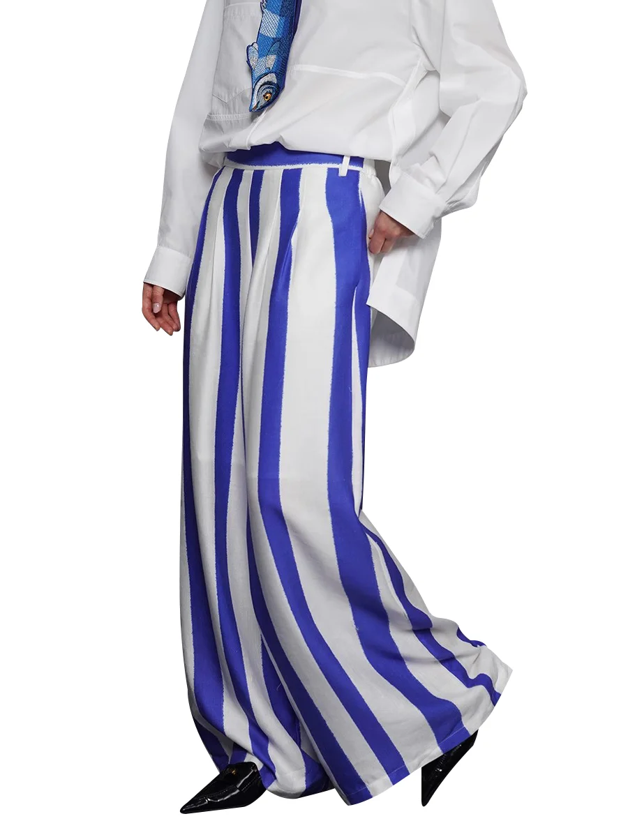 

Ladies Lightweight Blue White Striped Loose Wide Leg Pants Casual Comfortable Fit Trousers
