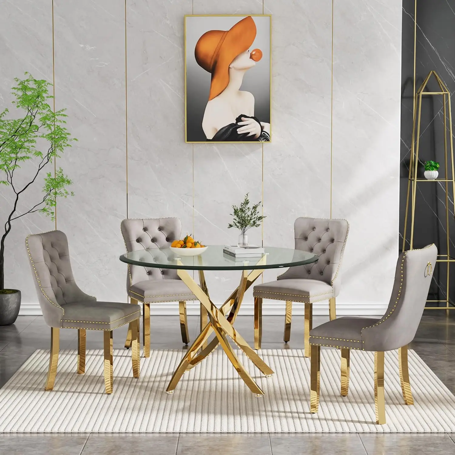 36'' Gold Round Glass Dining Table Set for 4 Family Gathering, Customized