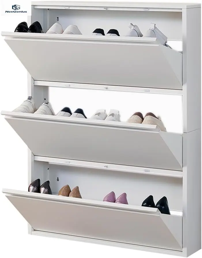 

Шкаф для хранения обуви с 3 откидными ящиками, узкий скрытый металлический шкаф-полка для обуви, настенный металлический шкаф для обуви для прихожей, белый