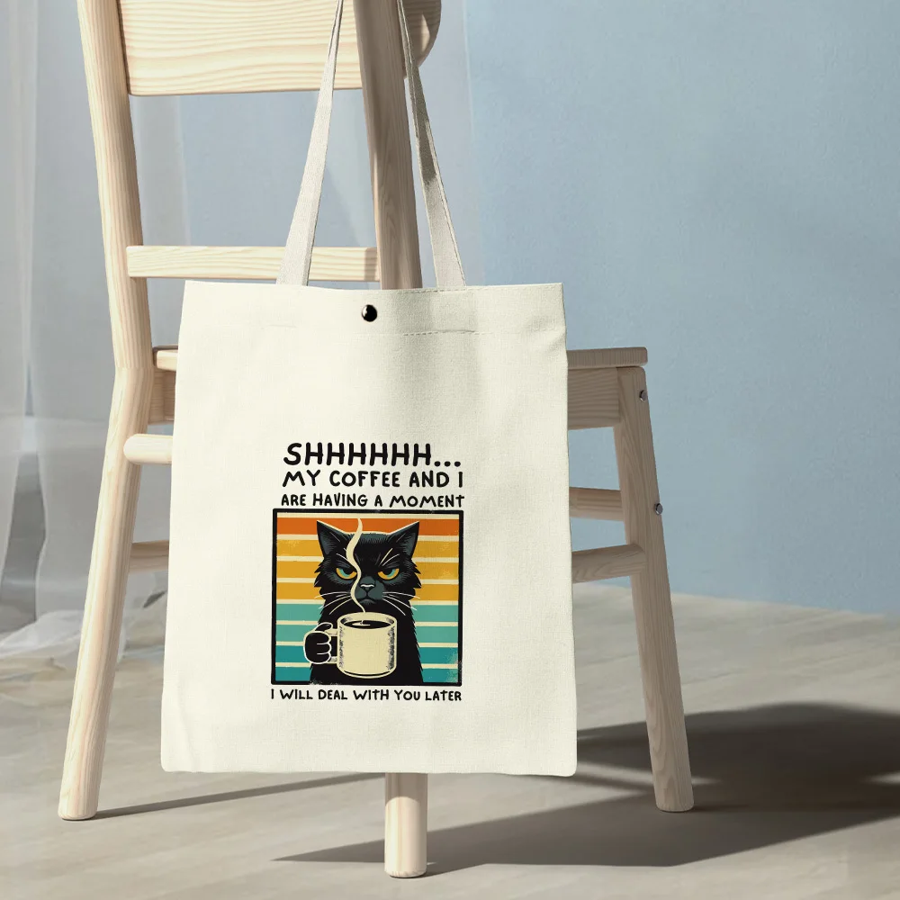 A Black Cat Coffee Aesthetic Pattern Print Canvas Tote Bag, Suitable for Daily Use, Shopping, School, and Travel