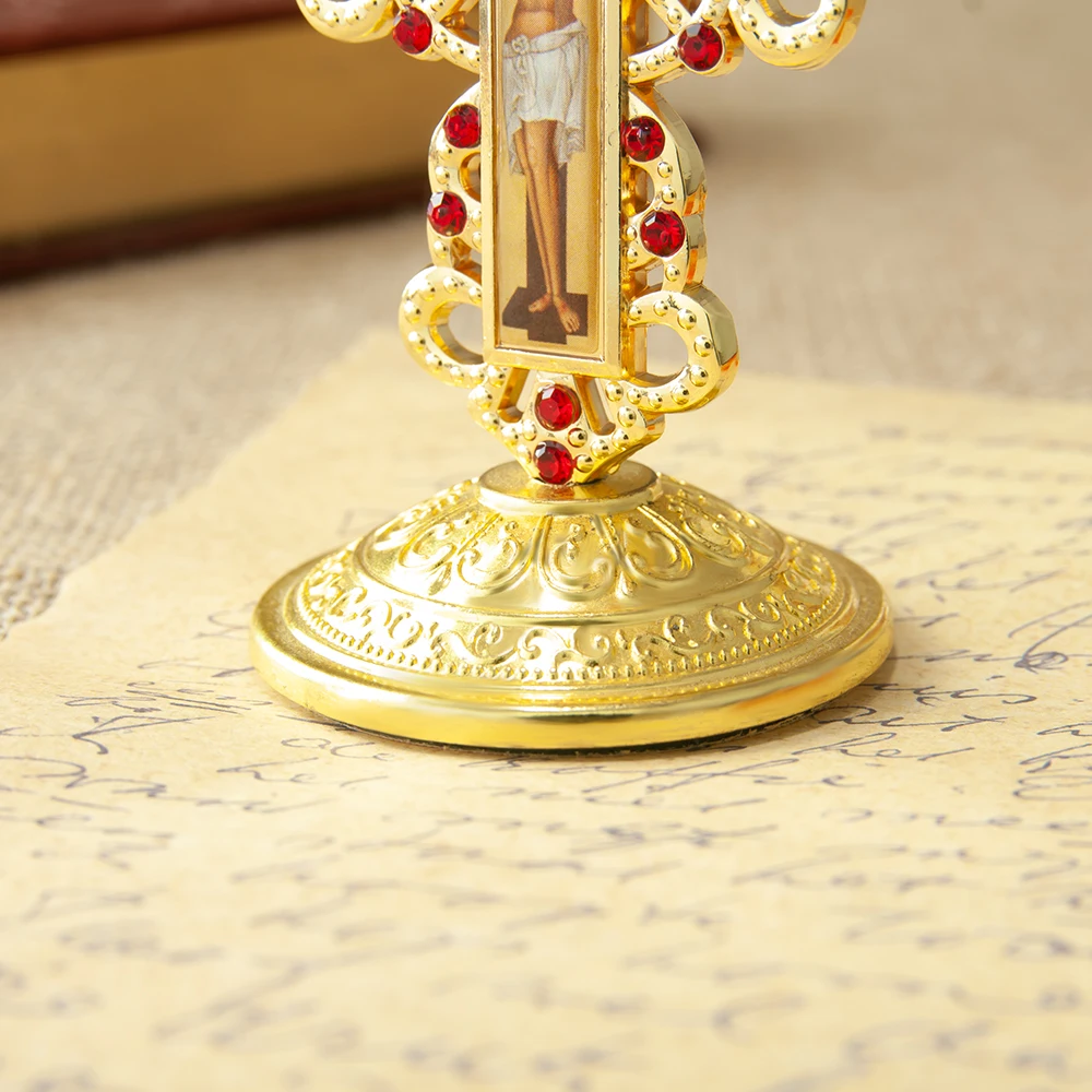 HTISOK Zinklegierung Kreuz-Dekor Jesus mit Roten Strasssteinen 3,5 Zoll Christliches Heim-Altar-Gebets-Tischornament Religiöse Geschenke – Detail 5