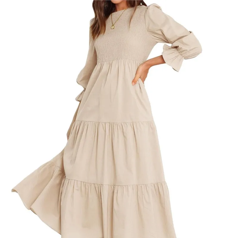 Spring And Autumn Fashion Woman Long Sleeved Pleated Layered Solid Color Dress Elegant Women Round Neck Ruffle Edge Maxi Dresses