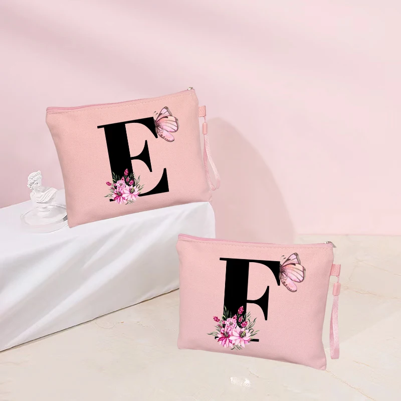 Butterfly Flower Letter Makeup Bag Pink Kawaii Travel Cosmetic Pouchs Women's Toilet Kits Bachelorette Party Lipstick Bags Gift