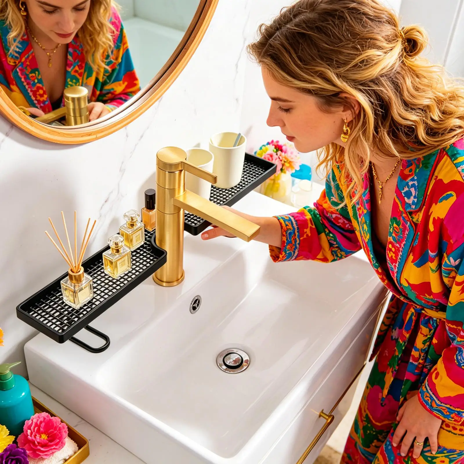 Bathroom Counter Organizer No Drilling Floating Easy Drainage Display Rack Bathroom Counter Shelves for Countertop Counter Home