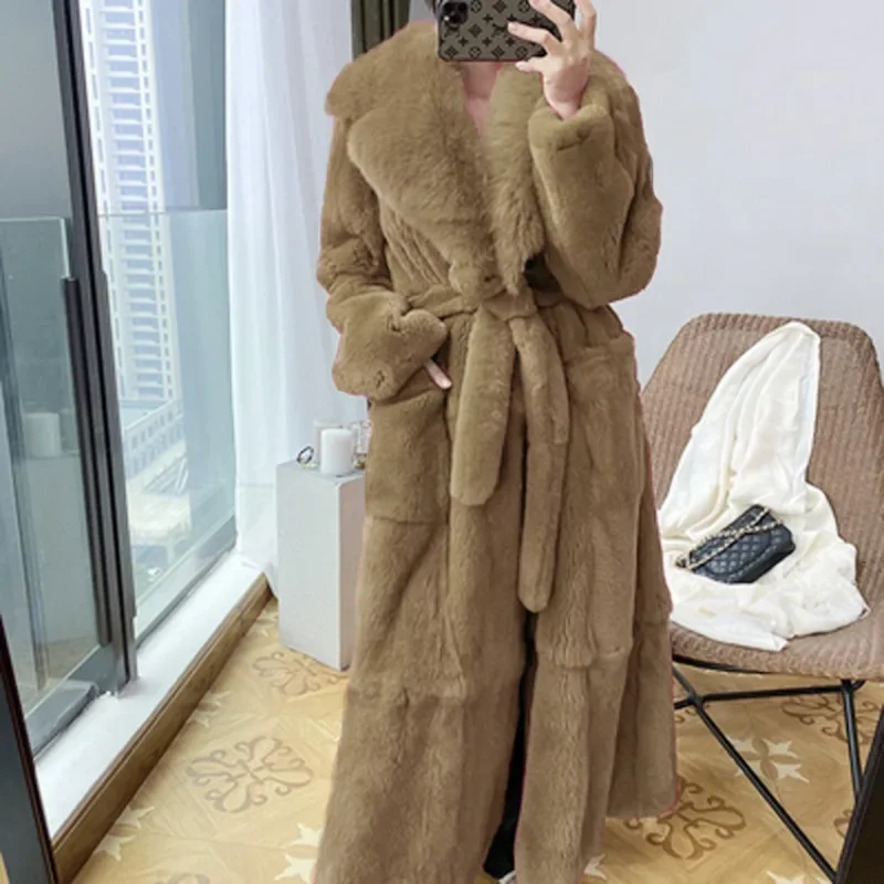 2025 New Faux Fur Coat Women's Mid-Length Coat Fashion Loose with Belt Jacket Winter Solid Warm Pockets Outwear Women Clothing