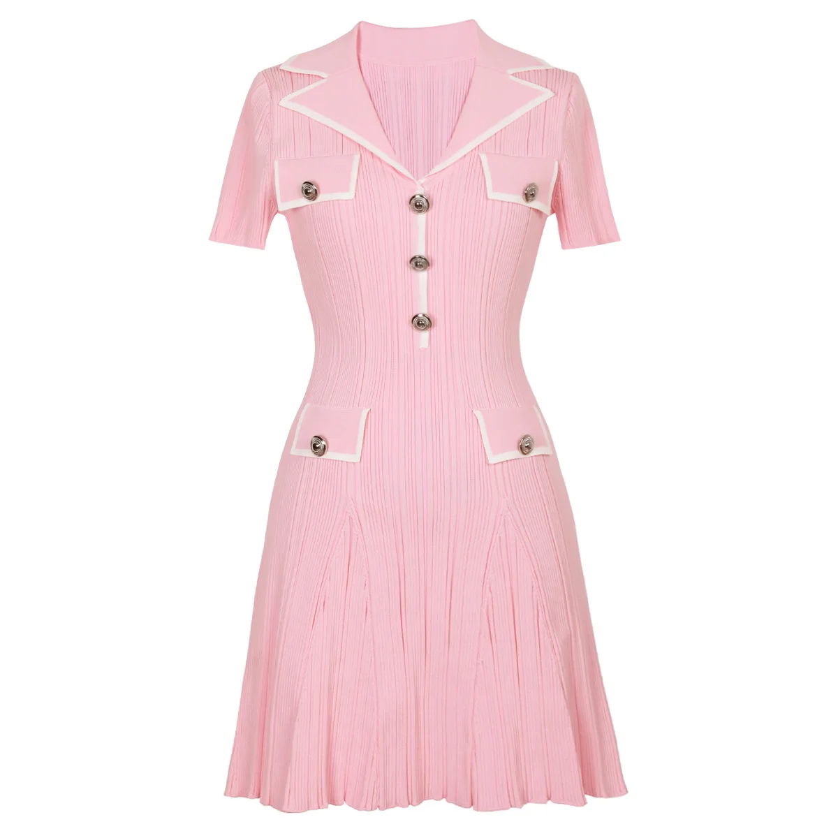 ZJYT Letnie sukienki swetrowe z dzianiny dla kobiet Moda z krótkim rękawem i kołnierzykiem Casual Dress Pink Blue Vestidos