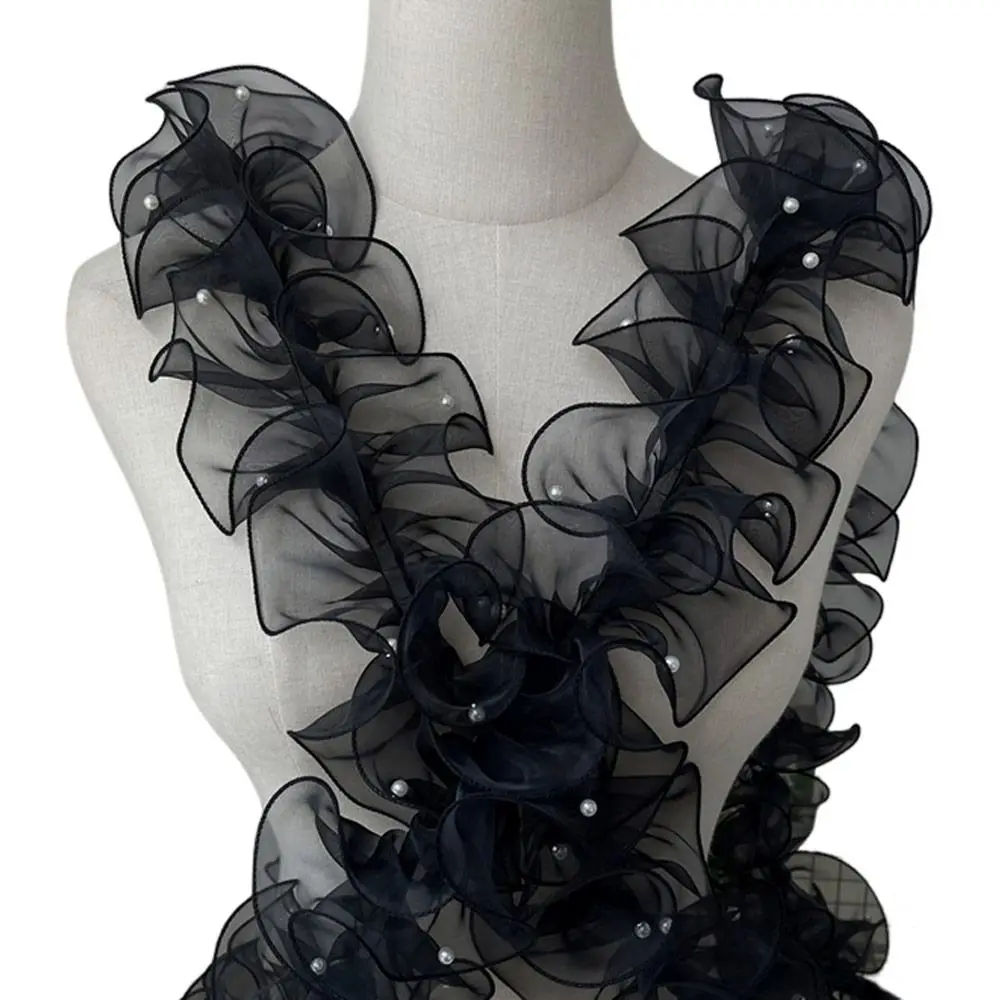 11cm Wide Organza Beaded Ribbon Wave Ruffle Edge 1 Yard Lolita Lace Accessories Pearl Fabric Edge Flower Lace Beaded Mirror Welt
