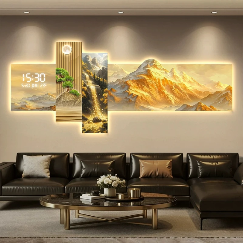 Modern LED Wall Clock Living Room Decoration Painting New Chinese Style Flow Generating Wealth Sofa Mural Lamp Electronic Clock