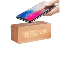 Wooden Digital Alarm Clock with Wireless Charging, LED Clock with Time, Date,Temperature, Desk Clocks for Office,Bedside Clock