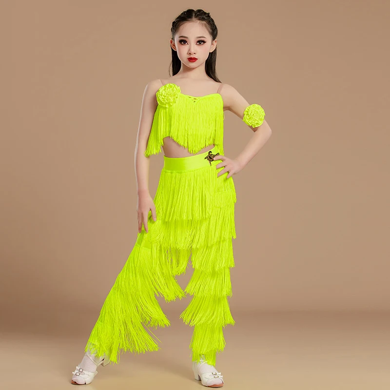 2025 roupas de franja trajes de desempenho de dança latina calças borla terno chacha samba rumba panos de competição de dança latina dn20014