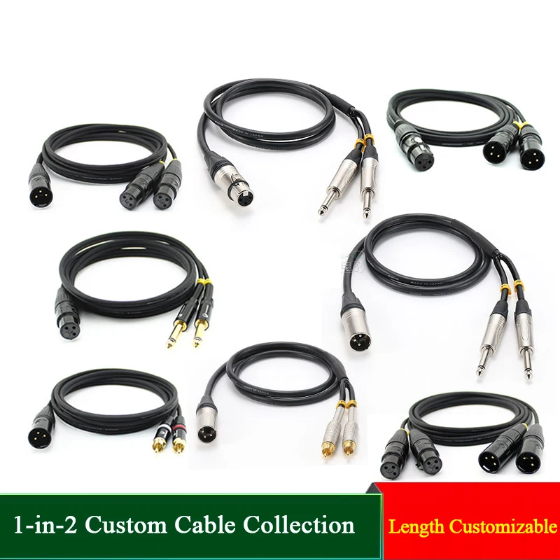 1-to-2 Audio Y-Cable, RCA to XLR, 6.35mm to Dual RCA, XLR Splitter, TS Splitter, Custom Length 0.5-50m