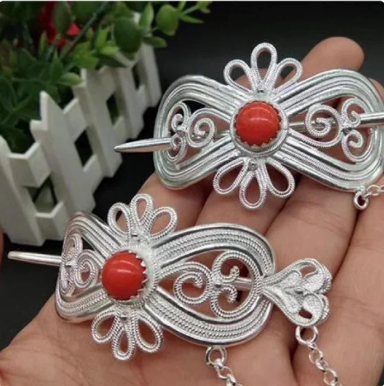 

Заколка для волос в китайском монгольском этническом стиле с красной бирюзой