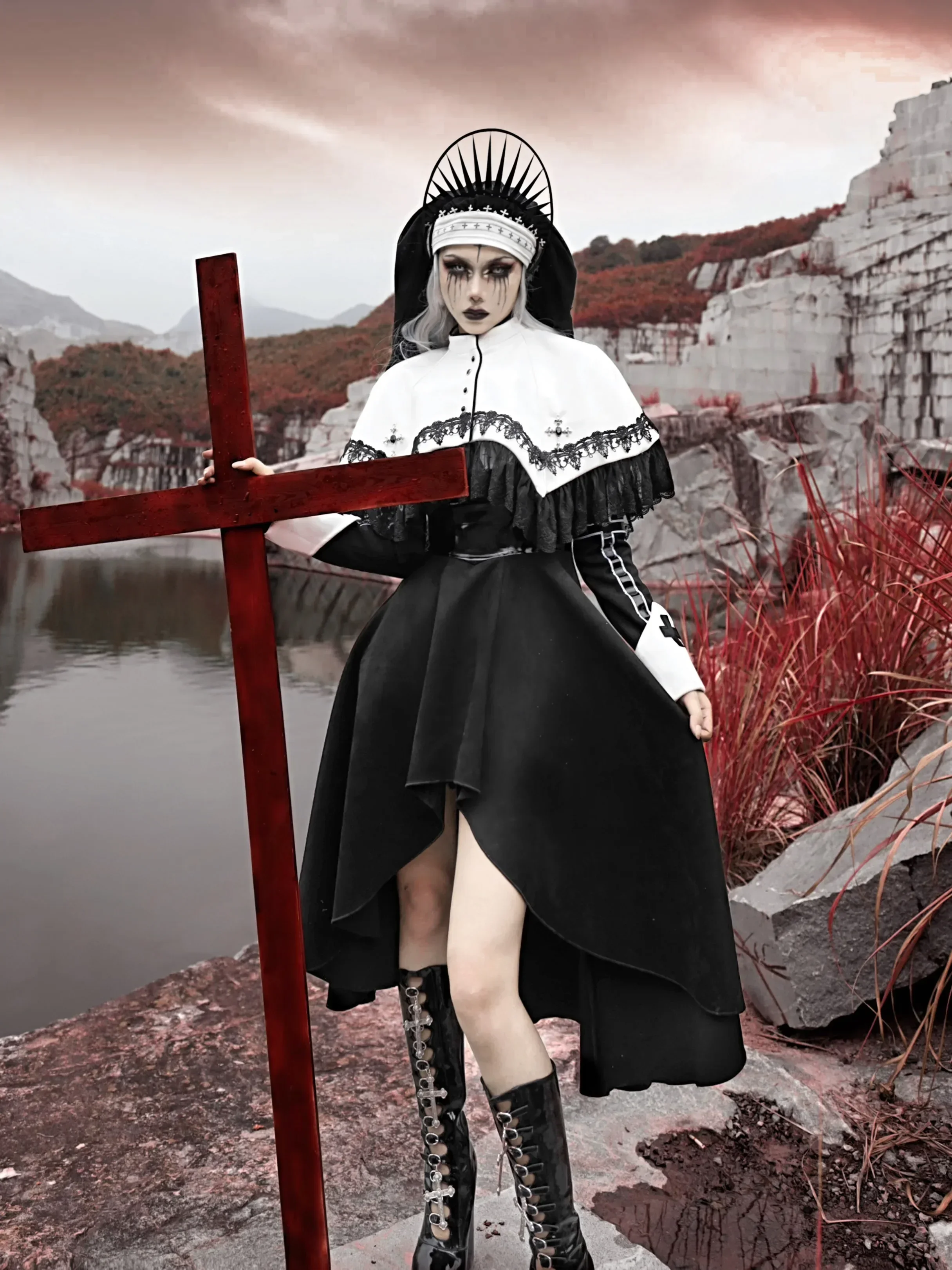 Blood Supply Original Nun Gothic White Cape Cloak Halloween Suede Cross Lace Cape Coat Women Clothes Ponchos Autumn Winter