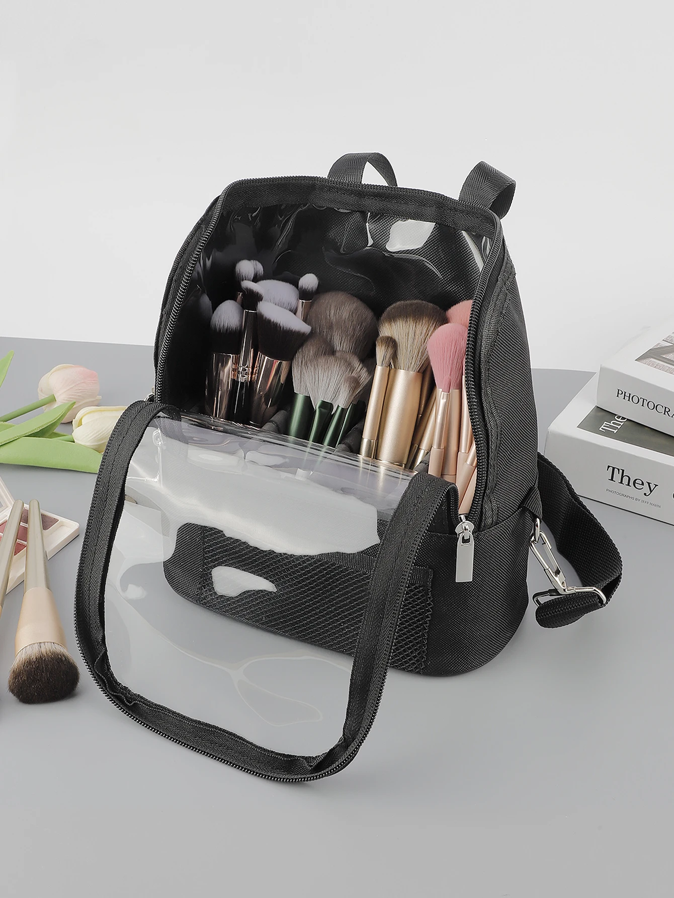 Single Large-Capacity Semi-Transparent Outdoor Portable Style PVC Black Diagonal Cross Makeup Organizer Bag