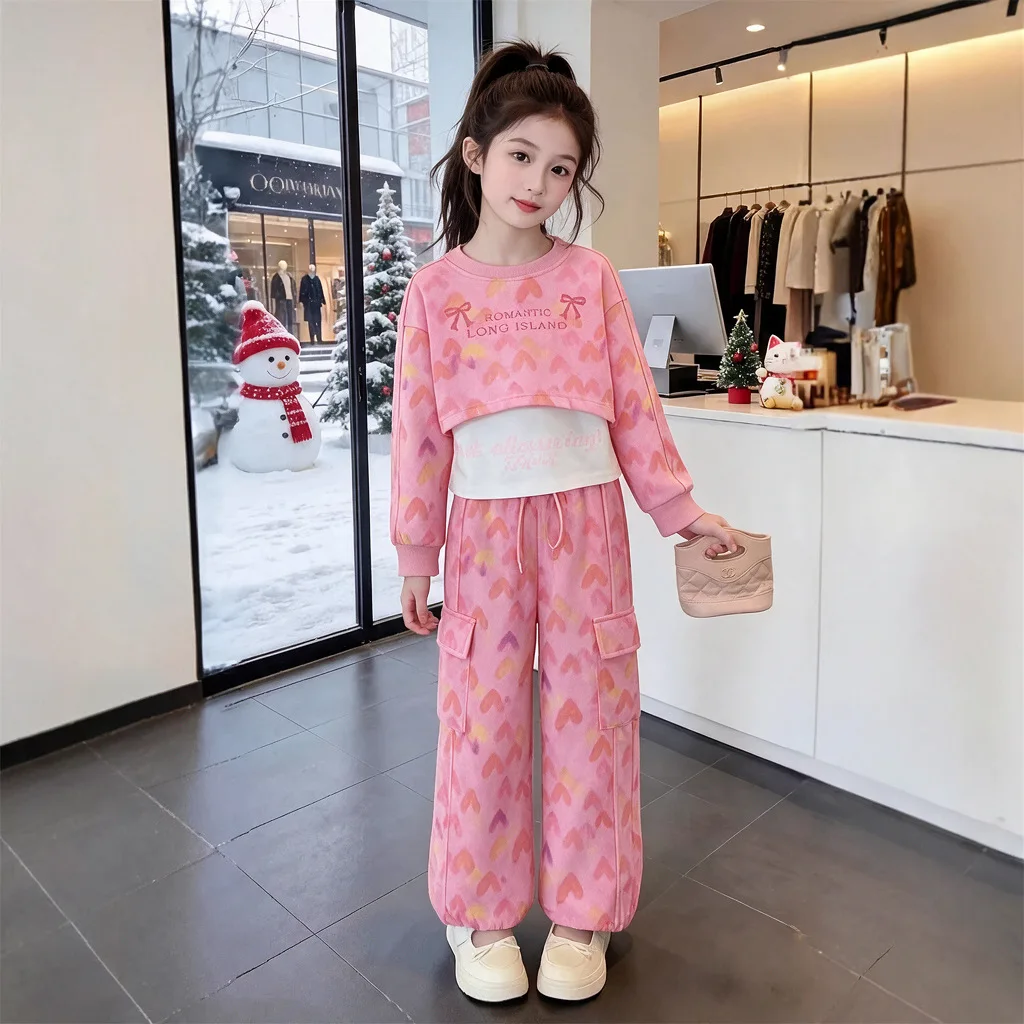 Autumn Teenager Girls Sport Suit Clothes Long Sleeve Heart t-shirt Crop Top Sweatshirt + Loose Pants 4 8 12 Years Child Set