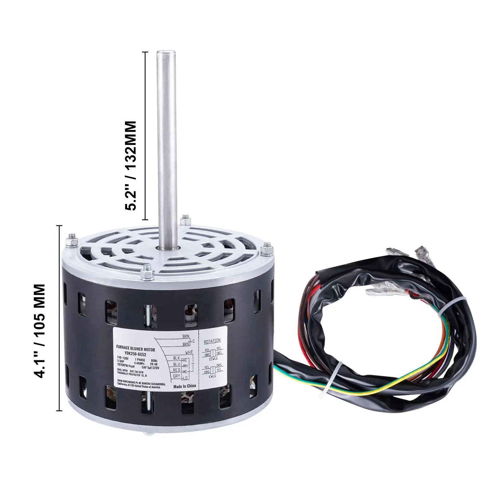 1/3HP Furnace Blower Motor, 110/120V 4.4Amps, 1075RPM 4 Speeds, CW/CCW Rotation, 48 Frame 5.2