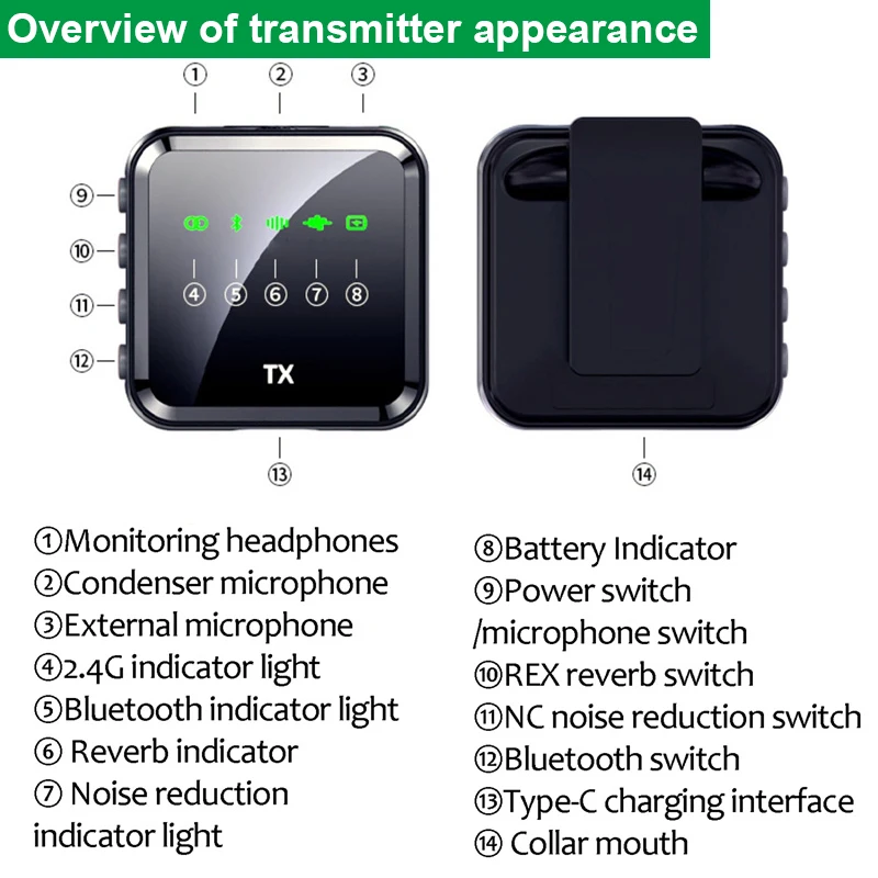 Wireless Lavalier Microphone System Bluetooth Audio Video Voice Recording Mic for iPhone Android Mobile Phone Interview Camera