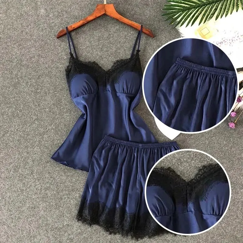 Two PCS New Summer Women\'s V-Neck Sexy Lace Pajama Set Women\'s Sexy Lace Suspender Top and Shorts Casual Home Pajamas