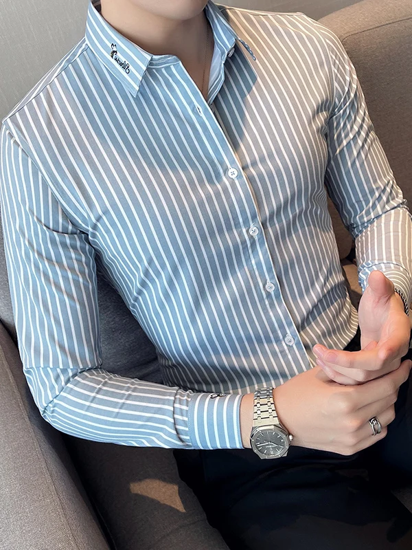 

Men's Slim Fit Long Sleeve Shirt Business Casual Stripe Pattern Iron Free Embroidery Spring Autumn Winter Warm Outerwear