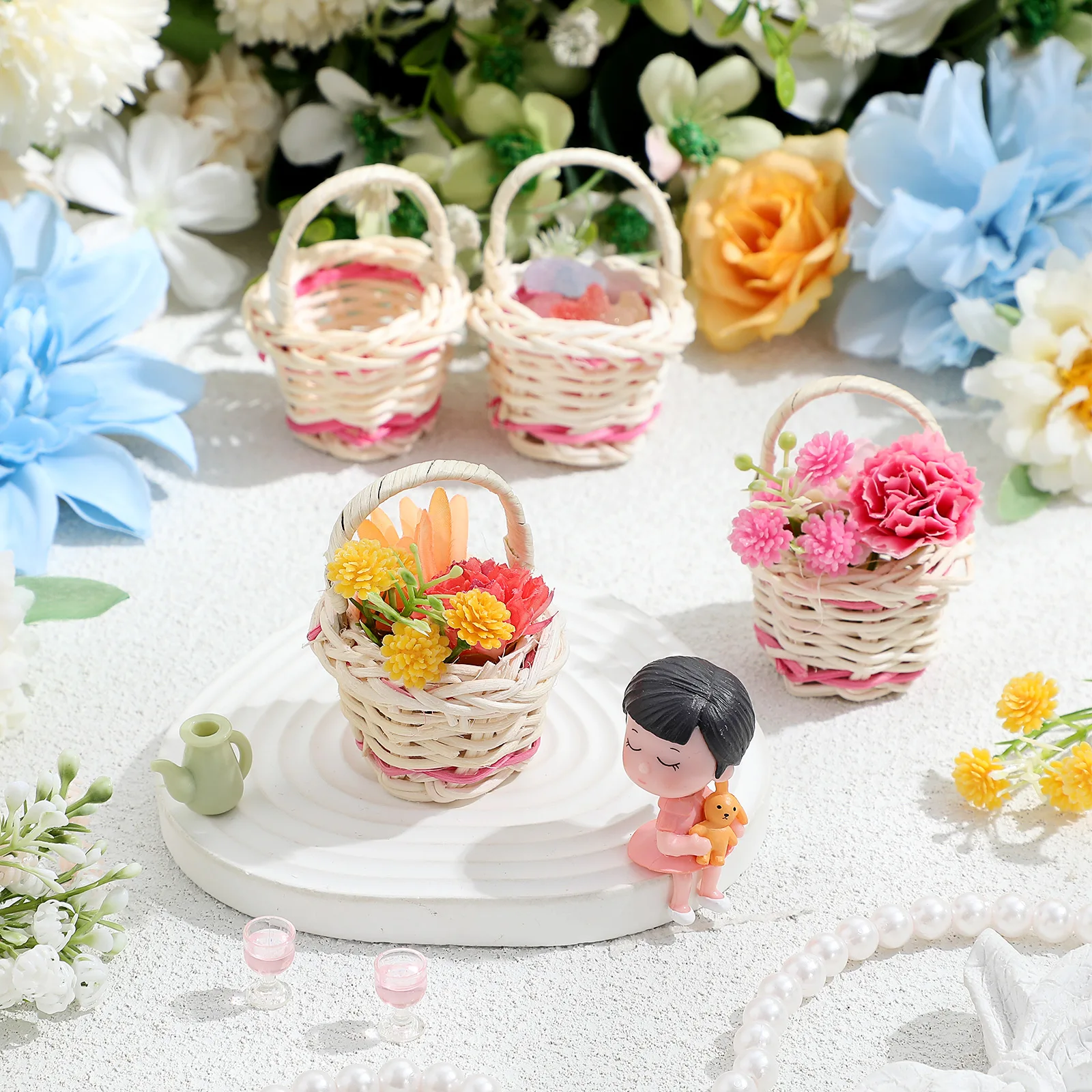 سلة صغيرة 10 قطع من سلة الروطان المنسوجة على شكل زهرة صغيرة لتزيين المنزل والمكتب والحديقة #1